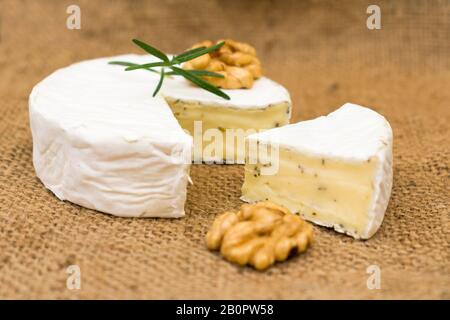 Camembert-Käse mit Walnüssen und Rosmarin. Nahaufnahme. Stockfoto