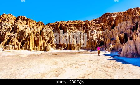 Frau in den dramatischen und einzigartigen Mustern von Slot Canyons und Hoodoos im Cathedral Gorge State Park in der Wüste von Nevada, Vereinigte Staaten Stockfoto