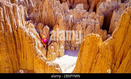 Frau in den dramatischen und einzigartigen Mustern von Slot Canyons und Hoodoos im Cathedral Grove State Park, Nevada, USA Stockfoto