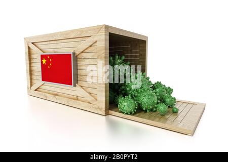 Gruppe von Viren auf chinas Karte und Flagge. 3D-Abbildung. Stockfoto