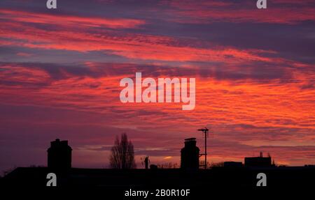 Wimbledon, London, Großbritannien. Februar 2020. Vor Sonnenaufgang im Südwesten Londons schimmelten Dächer vor einem leuchtend roten Himmel. Kredit: Malcolm Park/Alamy Live News. Stockfoto