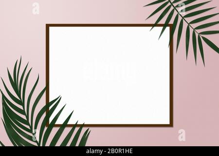 Einfacher kreativer Naturrahmen aus tropischer Palme und Farnblättern auf pinkfarbenem Pastellhintergrund, Draufsicht Stockfoto
