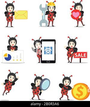 Die Figur des Menschen fängt einen Marienkug um den Baum. Stock Vektor