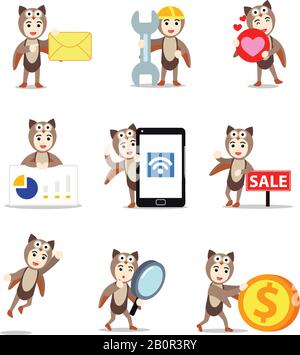 Setzen Sie den Charakter der männlichen Eule mit gruseligen Augen. Stock Vektor