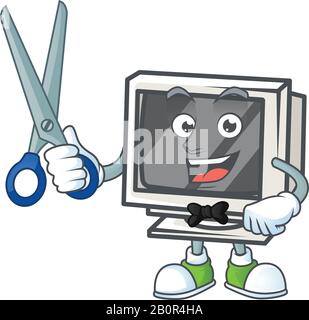 Fröhliches Lächeln barber Vintage Monitor Maskottchen Design Stil Stock Vektor