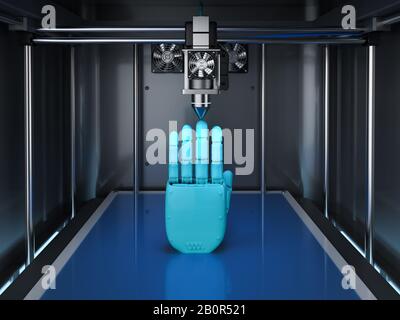 3D-Rendering-3D-Drucker mit Roboterhand Stockfoto