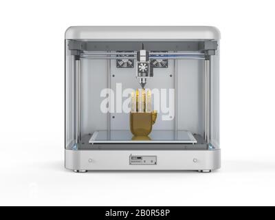 3D-Rendering-3D-Drucker mit Roboterhand Stockfoto