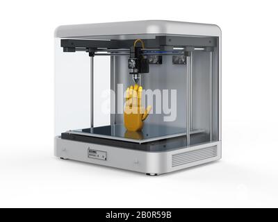 3D-Rendering-3D-Drucker mit Roboterhand Stockfoto