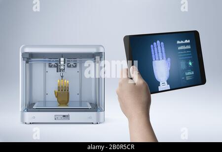 3D-Rendering 3D-Drucker - Roboterhand drucken Stockfoto