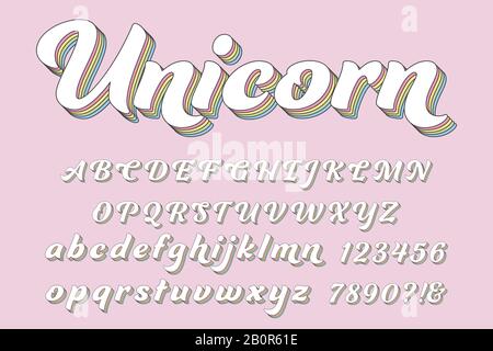 Magische 3D-Buchstaben, Zahlen und Symbole. Süße, kindliche Typografie . Vektor Stock Vektor