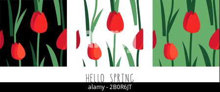 Vektor-Set aus floralen, nahtlosen Mustern mit roten Tulpen, isoliert auf weißem, schwarzem und grünem Hintergrund. Endlose Textur. Heller Stoffaufdruck für Grußansage Stock Vektor