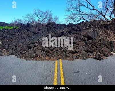 Lava-Straßensperre in der Nähe von Kalapana auf Big Island Hawaii Stockfoto