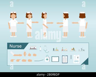 Ein Satz weiblicher Krankenschwesterzeichen trägt weiße einheitliche Vektorgrafiken Stock Vektor