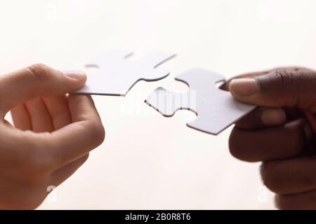 Schließen Sie zwei verschiedene Menschen, Kollegen, die weiße Puzzleteile miteinander verbinden, afroamerikanische und kaukasische Menschen, die gemeinsam nach einer Lösung suchen, Team Stockfoto