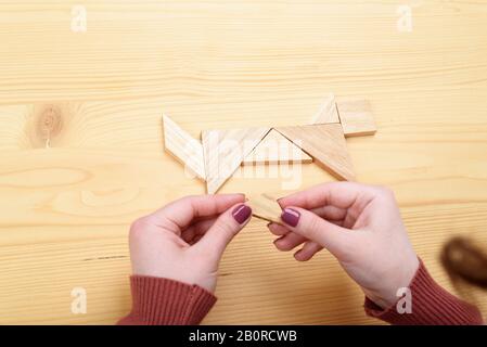 Mädchen sammelt auf einem Holztisch ein Holz-Tangram-Puzzle. Chinesisches Tangram-Puzzle. Puzzle-Konzept. Stockfoto