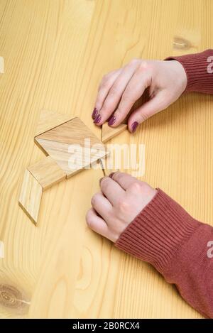 Mädchen sammelt auf einem Holztisch ein Holz-Tangram-Puzzle. Chinesisches Tangram-Puzzle. Puzzle-Konzept. Stockfoto