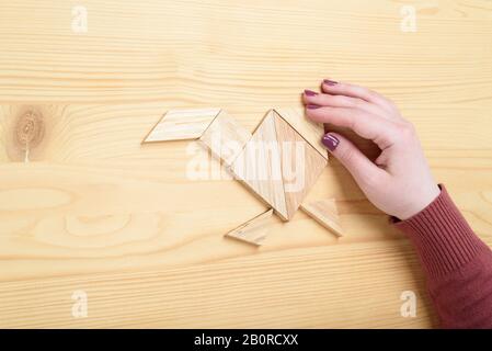 Mädchen sammelt auf einem Holztisch ein Holz-Tangram-Puzzle. Chinesisches Tangram-Puzzle. Puzzle-Konzept. Stockfoto