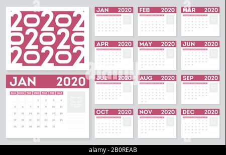 Kalender 2020 Jahr. 12 Monate Kalender im minimalistischen Stil. Stock Vektor