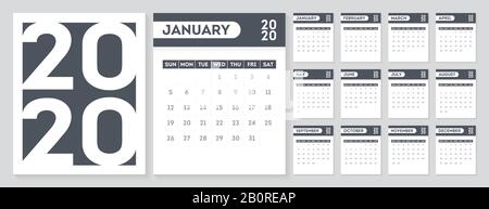 Kalendervorlage für das Jahr 2020. Die Woche beginnt am Sonntag. Stock Vektor