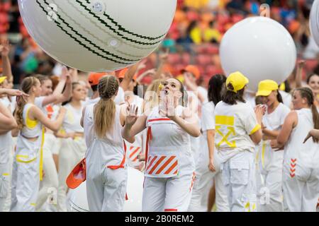 Sydney, Australien. Februar 2020. Eröffnungsfeier während des Gruppenspiels der ICC Women's T20 World Cup 2020 zwischen Australien Women und Indien Women im Sydney Showground Stadium, Sydney, Australien am 21. Februar 2020. Foto von Peter Dovgan. Nur redaktionelle Nutzung, Lizenz für kommerzielle Nutzung erforderlich. Keine Verwendung bei Wetten, Spielen oder einer einzelnen Club-/Liga-/Spielerpublikationen. Kredit: UK Sports Pics Ltd/Alamy Live News Stockfoto