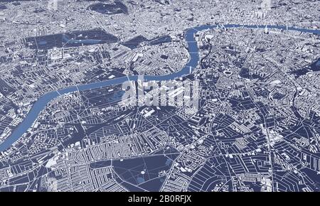 London Stadtplan 3D Rendering. Satellitenansicht der Antenne. Stockfoto