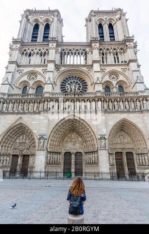 Das Mädchen sitzt vor der Kathedrale Notre Dame de Paris, bevor es durch ein Feuer beschädigt wurde, der schönsten Kathedrale von Paris. Blick von der seine. Fran Stockfoto