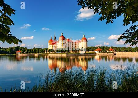 Das Schloss Moritzburg (Schloss Moritzburg) hat einen Blick über den See. Bekannt als Schloss des Aschenputtel-Films. Moritzburg, Deutschland Stockfoto