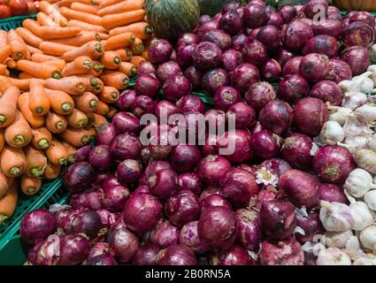 Zwiebel ist der beliebte Name der Pflanze, deren wissenschaftlicher Name Allium cepa ist. Der Begriff bezieht sich auch auf seine Glühbirne, die aus schuppigen, geschichteten Blättern besteht. Sein fl Stockfoto