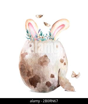 Aquarell-Frohe Ostern. Gefärbtes Ei mit Hasenohren und Frühlingsblumen, isoliert auf weißem Hintergrund, Vintage Aquarell Illustration für Design Stockfoto