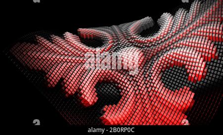 3D-Hintergrundbild mit abstraktem Würfel mit Blumenmuster in roter und schwarzer 3D-Abbildung Stockfoto