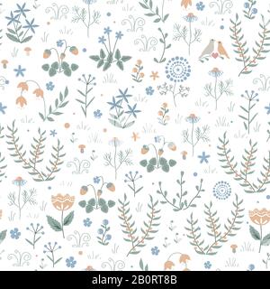 Vektor-Blumenmuster mit Wiesenpflanzen, Blumen und Vögeln, duftendem skandinavischem Hintergrund Stock Vektor