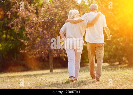 Zwei Senioren gehen im Sommer zu einem Spaziergang in der Natur Stockfoto