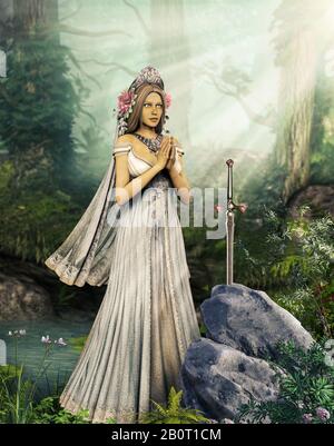 Die bezaubernde Lady des Lake betet zum Schwert Excalibur, Illustration inspiriert von der Legende von König Artus, 3d Render. Stockfoto