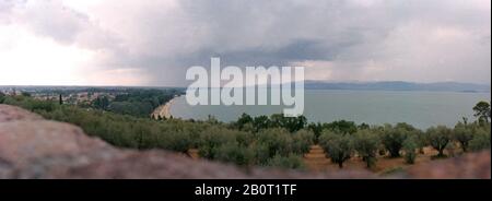 Blick auf den umbrischen See mit den Olivenbäumen im Sommer und Bergen im Hintergrund Stockfoto