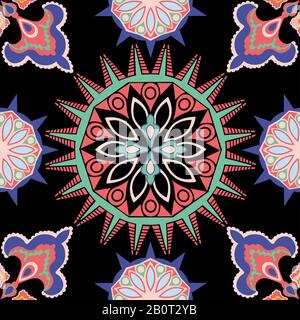 Nahtlose Musterfliese mit Mandalas. Vintage dekorative Elemente. Handgezeichneter ethnischer Hintergrund. Islam, arabische, indische, osmanische Motive. Traditionell. Stockfoto
