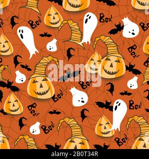 Nahtloses Halloween-Muster mit Pumpkins und Bats auf violettem Hintergrund. Scarecrow. - Abbildung Stockfoto