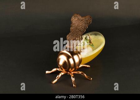 Kunsthandwerklicher orangefarbener Mocktail in einem schicken Bienencontainer serviert Stockfoto