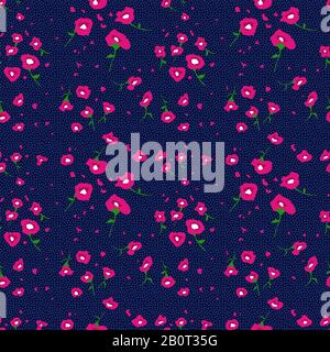 Süße bunte Blumen auf punktiertem Hintergrund. Nahtloses Blumenmuster aus Stoff. Modedesign. - Abbildung Stockfoto