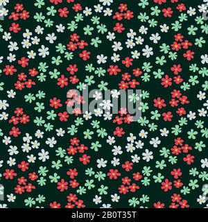 Niedliche Blumen auf schwarzem Hintergrund. Nahtloser Blumenhintergrund. Textilelemente. Gewebedruckeffekt. - Abbildung Stockfoto