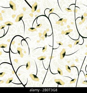 Gelbes, nahtloses Blumenmuster auf dem Hintergrund mit patchworkfarbenen Blumenspitzen. - Abbildung. Stockfoto