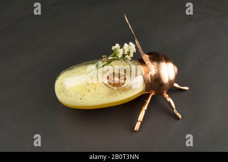 Kunsthandwerklicher orangefarbener Mocktail in einem schicken Bienencontainer serviert Stockfoto