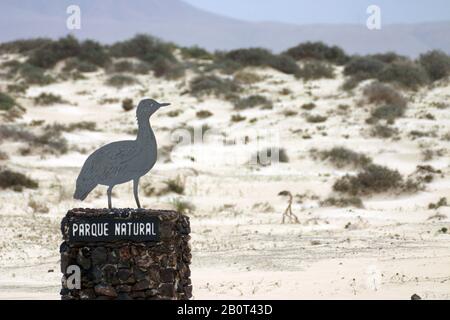 Naturreservatsschild in Dünenlandschaft, Kanarische Inseln, Fuerteventura Stockfoto