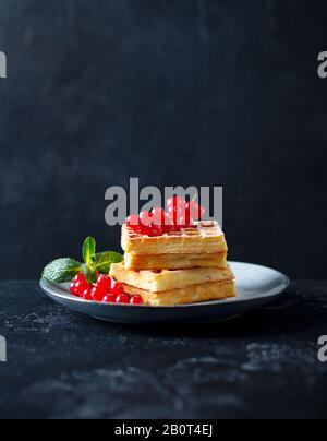 Belgische Waffeln mit frischen roten Himbeeren. Dunkler Schieferhintergrund. Kopierbereich. Stockfoto