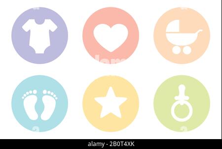 Baby-Symbol auf weißem Hintergrund isoliert Body Heart Feet Star Schnuller und Kinderwagen Vektorgrafiken EPS10 Stock Vektor