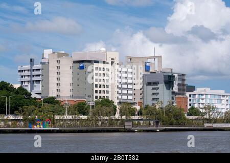 Brisbane, Queensland, Australien - 27. Januar 2020: Blick auf den QUT-Campus (Queensland University of Technology) von South Bank Parklands in B Stockfoto