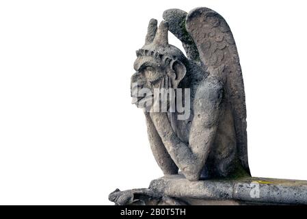 Wasserspeier oder Chimera der Kathedrale Notre Dame in Paris, Frankreich isoliert auf weißem Hintergrund, hochauflösendes Bild Stockfoto