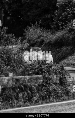 Pesaro COLLE SAN BARTOLO, ITALIEN - 17. MAI 2018: JAGUAR XK 140 OTS 1955 auf einem alten Rennwagen in der Rallye Mille Miglia 2018 die berühmte italienische Historica Stockfoto