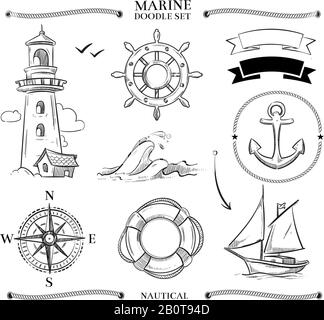 Seilrahmen, Boote, Marine Knoten, Anker nautische Vektor-Doodle Set. Kompass und Schiffsboot segeln, Illustration des nautischen Schiffes Stock Vektor