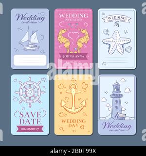 Karten für Hochzeitseinladungen auf See, Schiffsreisen und Vektor. Vorlage für Hochzeitseinladungen im marinen Stil, Abbildung der Karteneinladung Stock Vektor