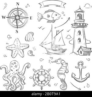Handgezeichnetes Meer, maritime Objekte und Vektorgrafiken von Meerestieren. Skizze und Illustration von Meeresfischen und Leuchtturmskizze Stock Vektor